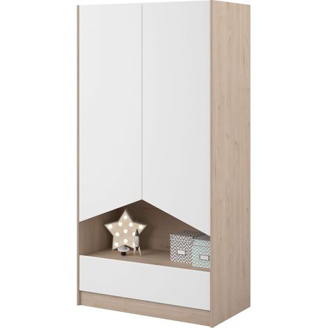 Armario Juvenil Child De 2 Puertas Y Cajón En Color Roble Jackson Y Blanco Mate Dormitorio Moderno