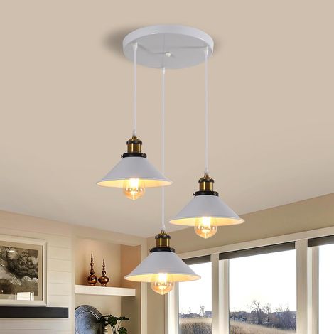 Lustre blanc 3 lumières, style industriel vintage, design Edison, métal, avec pied rond, 22 cm, (1/5)