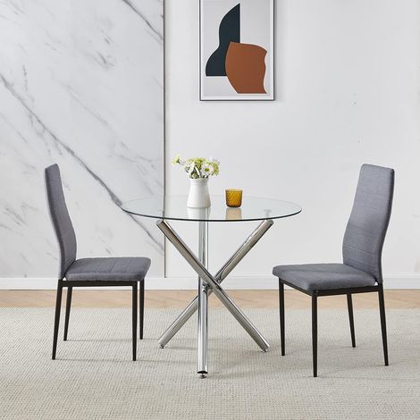 90x90 cm Round Table and Chairs, Round Glass Table with Chairs, Dining Table Set of 2/4 (Flannel, Grey, With 2 Chairs)