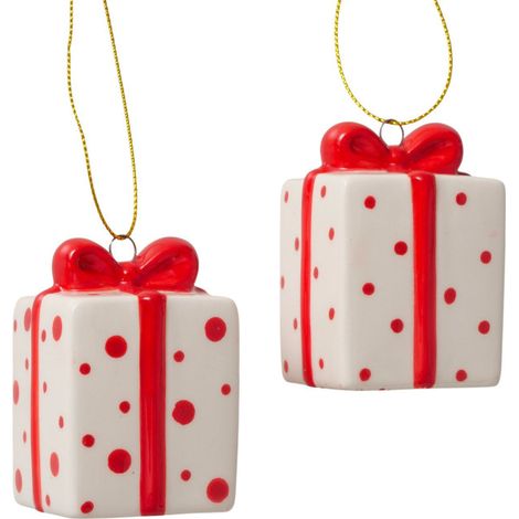 Set de 2 suspensions de Noël cadeaux rouge et blanc céramique 4.5x4.5x6.5cm (1/3)