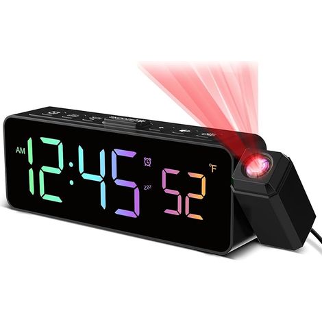 Réveil numérique avec projecteur à 180°, affichage de température, écran LED, 4 niveaux de luminosité, 3 niveaux de volume, fonction snooze de 9 minutes, format 12/24H, réveil avec projection (rbg) (1/5)