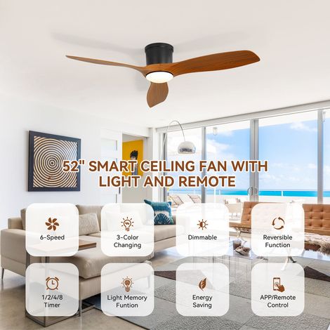 Ventilador de techo inteligente Sofucor de 132 cm con luz, mando a distancia y control por aplicación — 3 aspas de ABS — Marrón (1/5)
