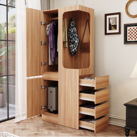 Armoire penderie 70x40x170 cm coloris bois naturel en bois avec 1 porte, 4 tiroirs et espace de rangement ouvert (1/5)