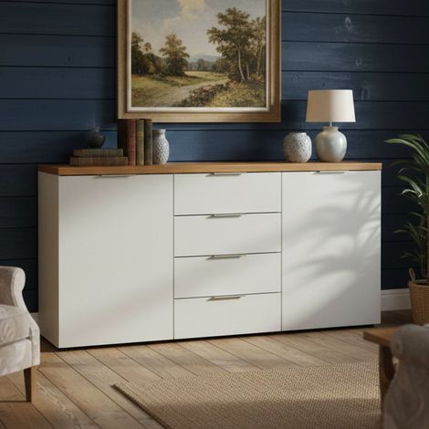 Vitrina Satriano, Alacena 4 Estantes, 4 Cajones Made in Italy, 2 Puertas, 180x43x89h cm Blanco Brillante (1/5)