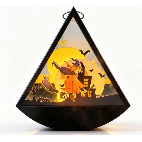 Lampe déco Halloween style lanterne portable 12x6,1x13cm, silhouette sorcière, pleine lune et manoir hanté, éclairage ambiance festive, décoration intérieure soirée,piles non fournies (1/5)