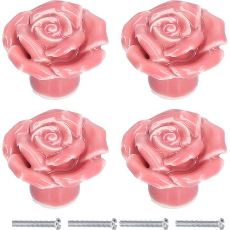 Quatre boutons de meubles modernes en céramique rose, avec poignées en forme de rose, parfaits pour le salon et la chambre. (1/5)