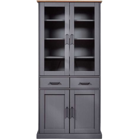 Vitrine 4 portes 2 tiroirs en pin massif teinté gris - FABIO