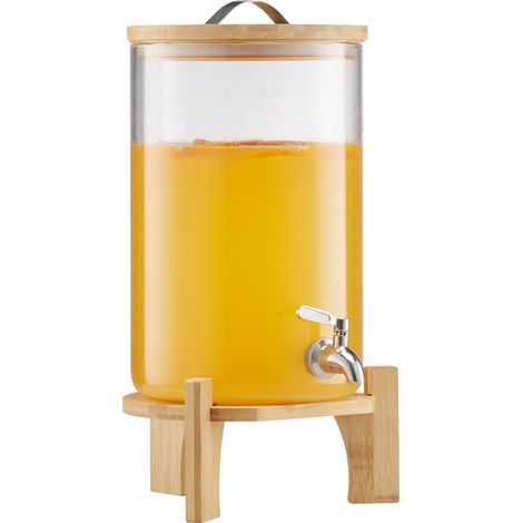Mophorn Dispensador de bebidas de vidrio de 8L con soporte de madera y grifo de acero inoxidable, ideal para servir jugo, té helado, limonada y agua en eventos. (1/5)