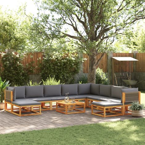 Salon de jardin 11 pièces en bois d'acacia massif et corde tressée avec coussins gris - PANGIVO (1/5)