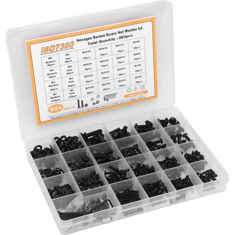 Kit de 884 vis à tête bombée six pans creux M2 M3 M4 M5, acier carbone noir, assortiment complet d'écrous et rondelles (1/5)