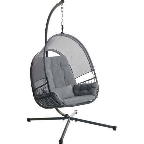 Fauteuil Balancoire Suspendu Moderne Boho avec Support Chaîne en Métal et Coussin d'Assise Tissu Maillé Gris Foncé Alviano