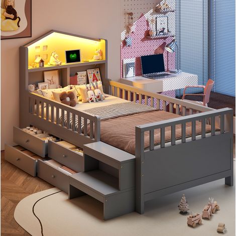 Letto per bambini 90x200 cm grigio in legno massello con cassetti, scala, LED e porte USB/Type-C (1/5)