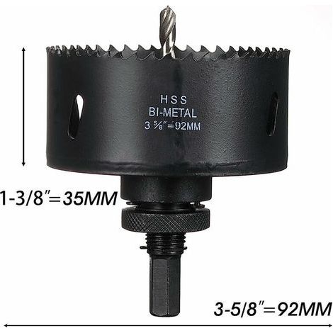 Scie cloche 92 mm HSS M42 bimétallique en acier rapide avec tige hexagonale et foret pour bois, cloison sèche et tôle métallique, noir,-- (1/4)