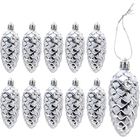 Lot de 10 Grandes Pomme de Pin Déco Noel - Scintillant Décoration Sapin de Noël Argenté - Plastique Boules de Noël (Argent)