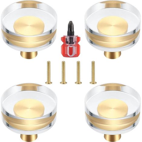 Lot de 4 Boutons de Porte en Cristal Transparent et Laiton pour Armoires, Tiroirs, Placards et Meubles - 30x27 mm (30x27 mm) (1/5)