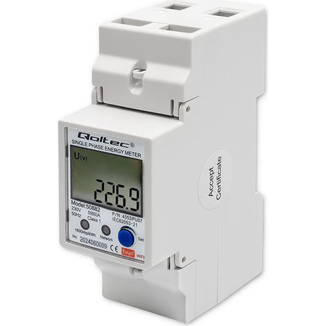 Contatore elettronico monofase Qoltec  Contatore di energia su guida DIN  Wi-Fi  TUYA  230V  LCD (1/5)