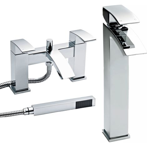 Nuie Vibe Tall Mono Basin Mixer Tap and Bath Shower Mixer Tap Pillar Mounted - Chrome (1/4)