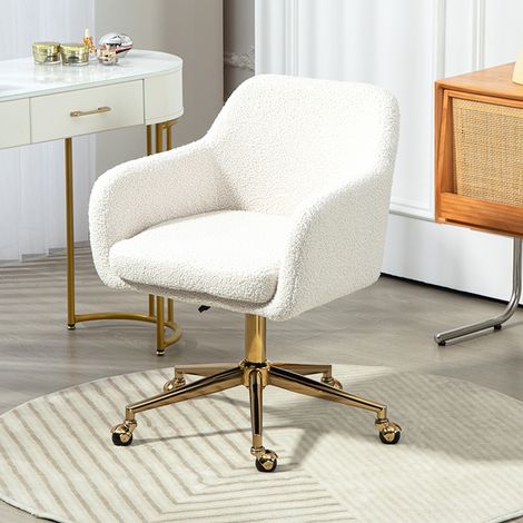 Silla de oficina para el hogar, silla de oficina regulable en altura con ruedas, tapizado tipo terciopelo, base de metal, color blanco crema.