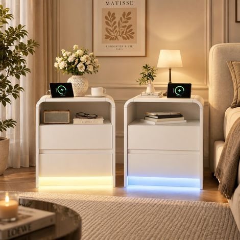 Juego de 2 mesitas de noche – LED RGB – tomas EU + USB + Tipo C – 2 cajones – almacenamiento abierto – estilo moderno (1/5)