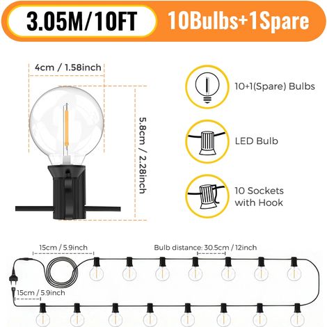 (3M 10 ampoules) Guirlande lumineuse féérique d'extérieur G40, lumière blanche chaude, convient aux jardins, mariages, fêtes et autres occasions. (1/5)