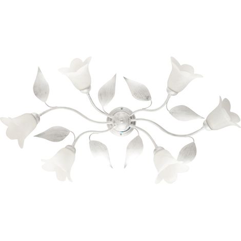 Plafoniera in ferro Bianco Argento sei luci vetri Alabastro Bianchi 95x52x h20 cm (1/3)
