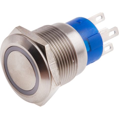 Bouton-poussoir, Verrouillable lumineux, LED Jaune, Unipolaire à deux directions (1RT), 5 A, Argent, Montage panneau 12V ( Prix pour 1 ) (1/2)