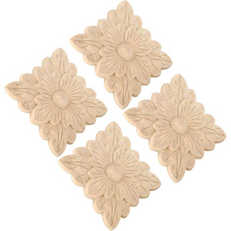 Décoration Applique Bois Motif Fleurs Ornée Accessoire Maison Jardin 4Pcs Rubber Wood 10x10cm (1/5)