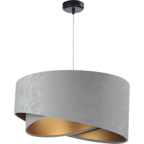 Pendelleuchte Stoff Schirm Velours Optik in Grau Gold 50 cm rund Schlafzimmer Wohnzimmer (1/5)