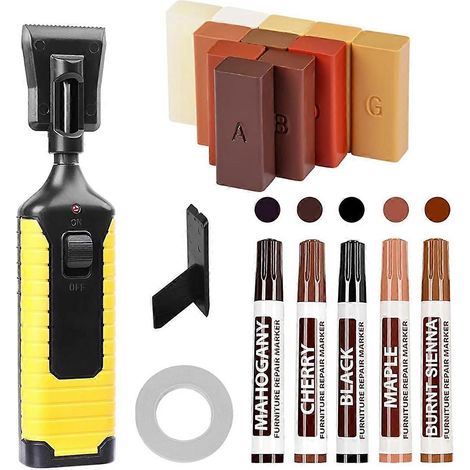 Kit de réparation de sols, kit de réparation pour sols stratifiés, parquets et vinyles avec stylo chauffant, manuel d'utilisation et marqueur de retouche pour meubles et sols. (1/5)