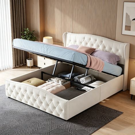 JOOKGBD-Letto a Contenitore 160x200 cm,Letto Matrimoniale Imbottito con Testiera e Vano Portaoggetti,Rete a Doghe,Letto per Adulti e Adolescenti,Velluto,Beige