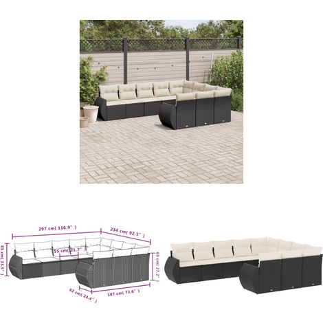 10-tlg. Garten-Sofagarnitur mit Kissen Schwarz Poly Rattan - Gartenmöbel Set - PE-Rattan Möbel - Outdoor Lounge - Garten Sofa - Wetterfeste Gartenmöbel - Home & Living