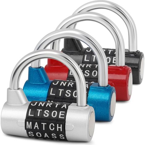Lot de 4 cadenas à combinaison de 5 lettres réinitialisables, cadenas de sécurité antivol robuste sans clé pour casier de gym, casier d'école, boîte à outils, armoire, barrière (1/5)
