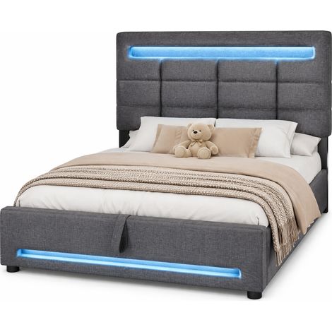 Letto imbottito 90x200 con luci LED APP, testiera quadrata, USB e contenitore idraulico, rivestimento in tessuto grigio – CHICFURN (1/5)
