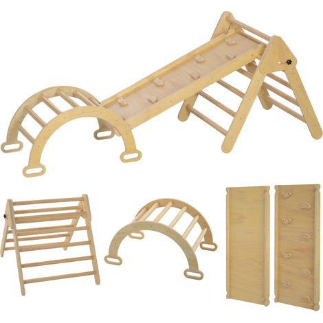 Gioco Arrampicata Bambini 178x64,5x63 cm con Triangolo e Arco Montessori e Rampa con Pietre in Legno (1/5)