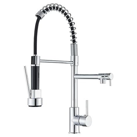 Robinet de cuisine, avec 2 buses, robinet à ressort de cuisine, rotation à 360°, eau chaude et froide standard, laiton chromé. (1/5)