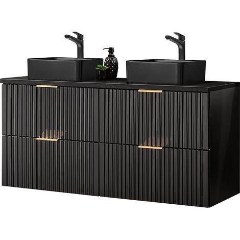 Doppelwaschtisch mit 2 schwarzen Aufsatzbecken, ADELAIDE-56-BLACK, matt schwarz gerillt, B/H/T ca. 120,6/72,2/46,5 cm (1/5)