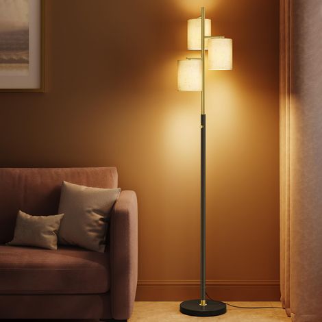Lampadaire sur Pied Salon, Lampe sur Pied, avec 3 Ampoules, Intensité Réglable, Abat-Jour en Tissu, Style Moderne, 3 Douilles E27, Doré et Noir (1/5)