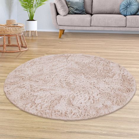 Teppich Wohnzimmer Hochflor Langflor Weich Soft Modernes Einfarbiges Design 160 cm x 160 cm x 37 mm Creme Rund (1/5)