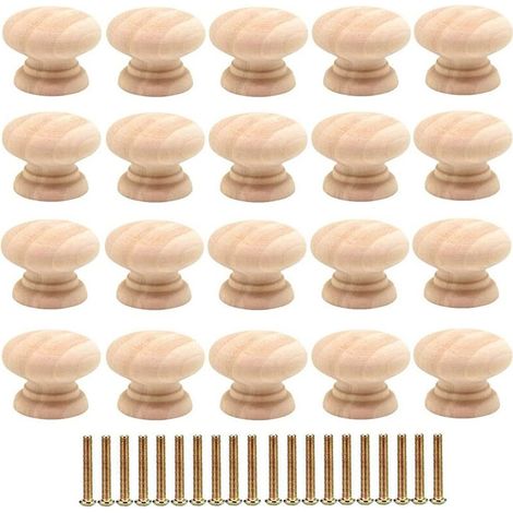 Lot de 20 boutons de tiroir ronds 35mm en bois massif – Poignées pour armoires avec vis – Finition lisse et sans bavure (1/5)