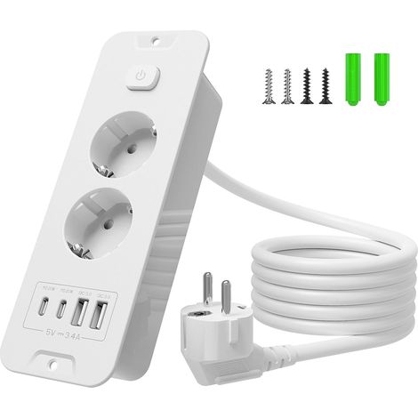 Multiprise Encastrable Plan de Travail, 2 Prises avec Interrupteur et USB (PD 20W), Multiprise 2m, Prise de Table pour Cuisine et Bureau, Parafoudre et Surtension, Blanc