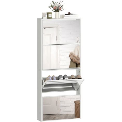 Étagère à chaussures à 4 portes avec miroir et finition bois anti-basculement, 63 x 17 x 146 cm, blanche (1/5)