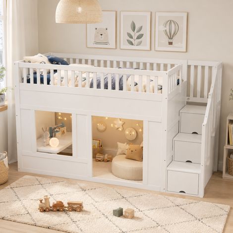 Lit mezzanine enfant 90x200 cm blanc avec escalier rangement, espace inférieur modulable, sommier à lattes, sans matelas (1/5)