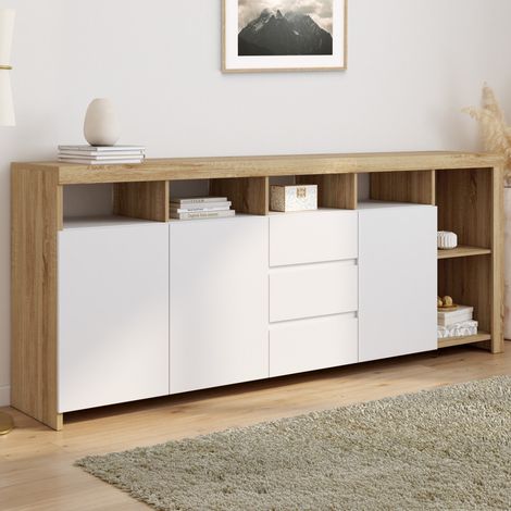 Aparador MALO 180 cm de madera blanca efecto haya con 3 puertas y 3 cajones