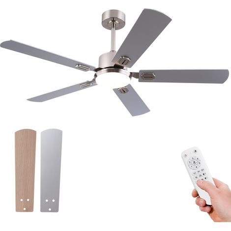 Ventilateur de plafond 52 pouces avec lumière LED dimmable, télécommande, 6 vitesses, moteur DC silencieux réversible, minuterie et mémoire, nickel, CHICFURN (1/5)