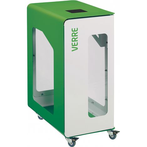 Borne de tri sélectif Cubatri Vigipirate à roulettes, sans serrure - verre - 90l - blanc / vert jaune - RAL 6018 (1/3)