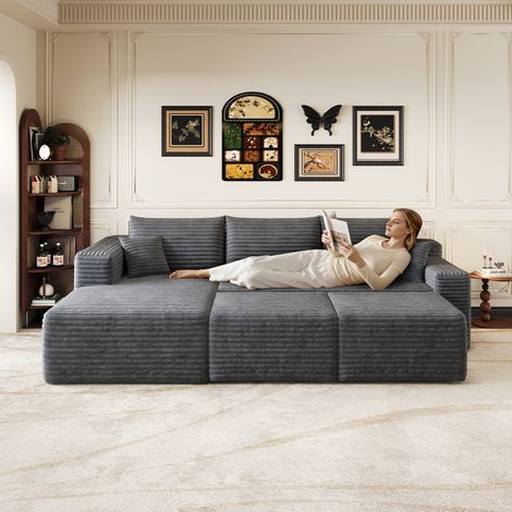 Canapé d'angle 241 cm à motif nuage, style minimaliste moderne, confortable et profond, avec assise profonde et angle intégré. Livré monté. Gris foncé. (1/4)