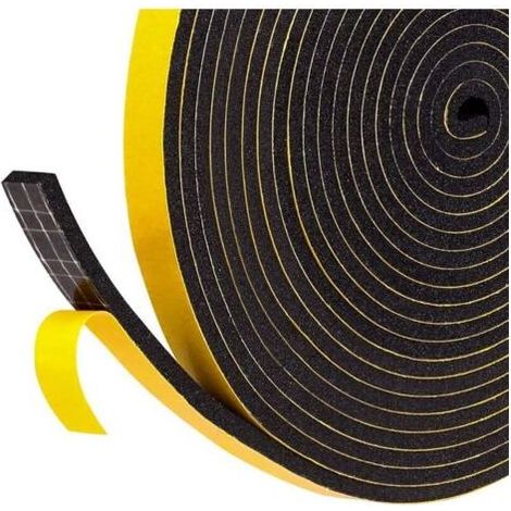 Joint Adhésif en Bande pour Porte Fenêtre, 1 rouleaux 12mm x 6 mm x 3m, Joint Isolant en Mousse Caoutchouc, Isolation Phonique et Froid, Protection Meuble Climatiseur- Mousse Noir Film Jaune (1/5)