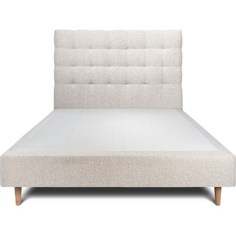Lit 150x200cm avec tête de lit capitonnée bouclette et sommier tapissier beige - Hauteur totale : 35cm (1/5)