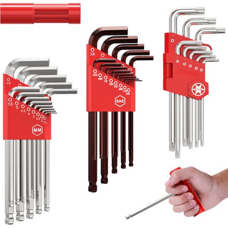 Juego de 35 llaves Allen hexagonales métricas fabricadas en acero S2 y CRV, tamaños SAE 3/64-3/8 pulgadas / MM 1,5-10 mm / TORX T10-T50, con mango en T largo y cabeza esférica. (1/5)