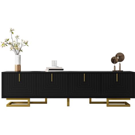 Meuble TV bas design, portes texturées, poignées et pieds dorés pour un style chic et contemporain.